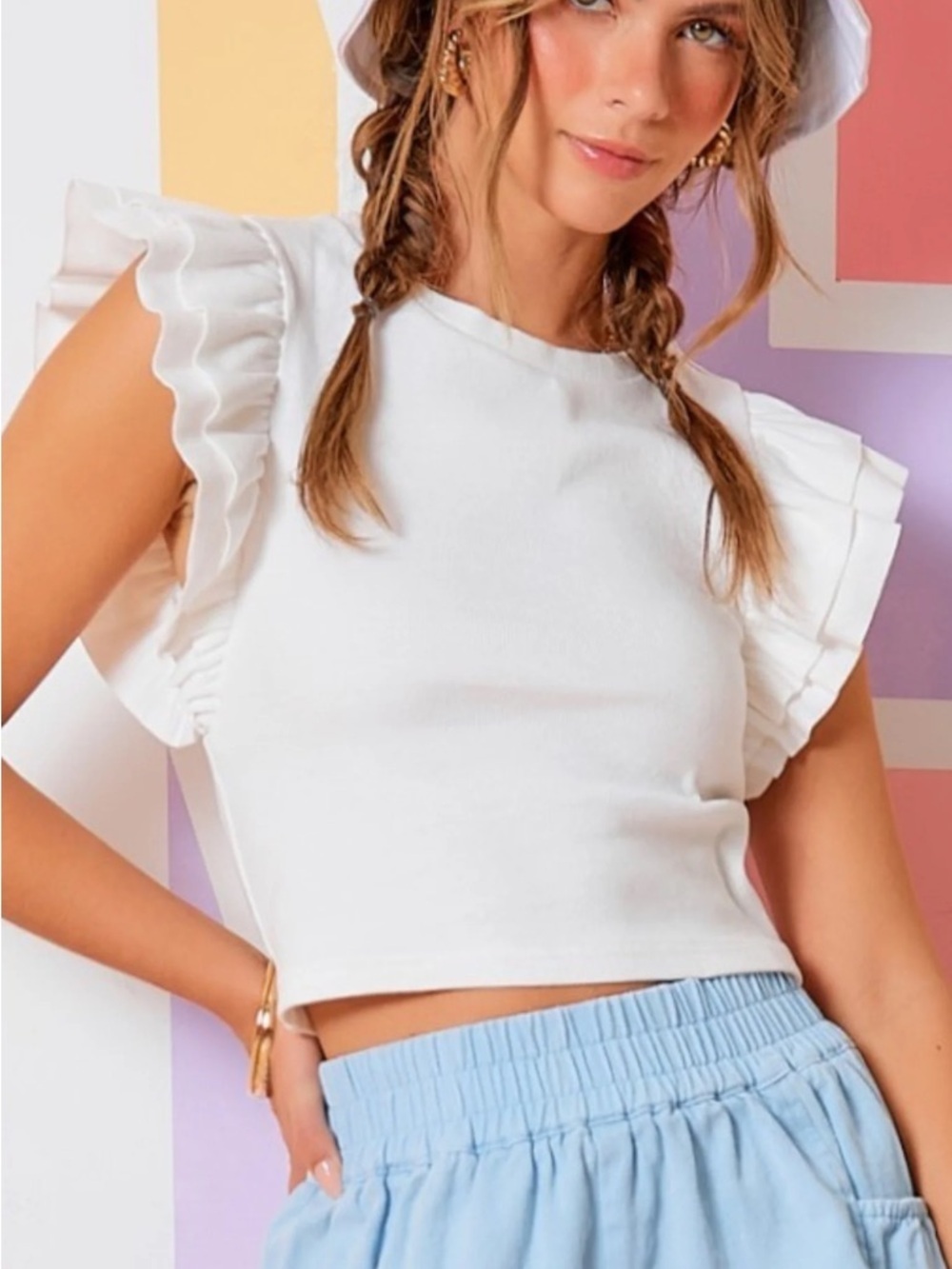 Day + Moon White Ruffle Sleeve Crop Top sz M